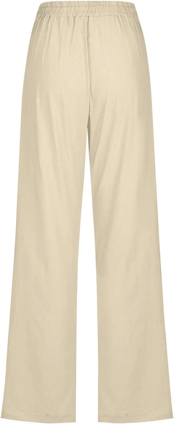 Slim Straight Leg Linen Pants for Women Summer Pants Elastic High Waist Drawstring Beach Trouser Business Work Slacks