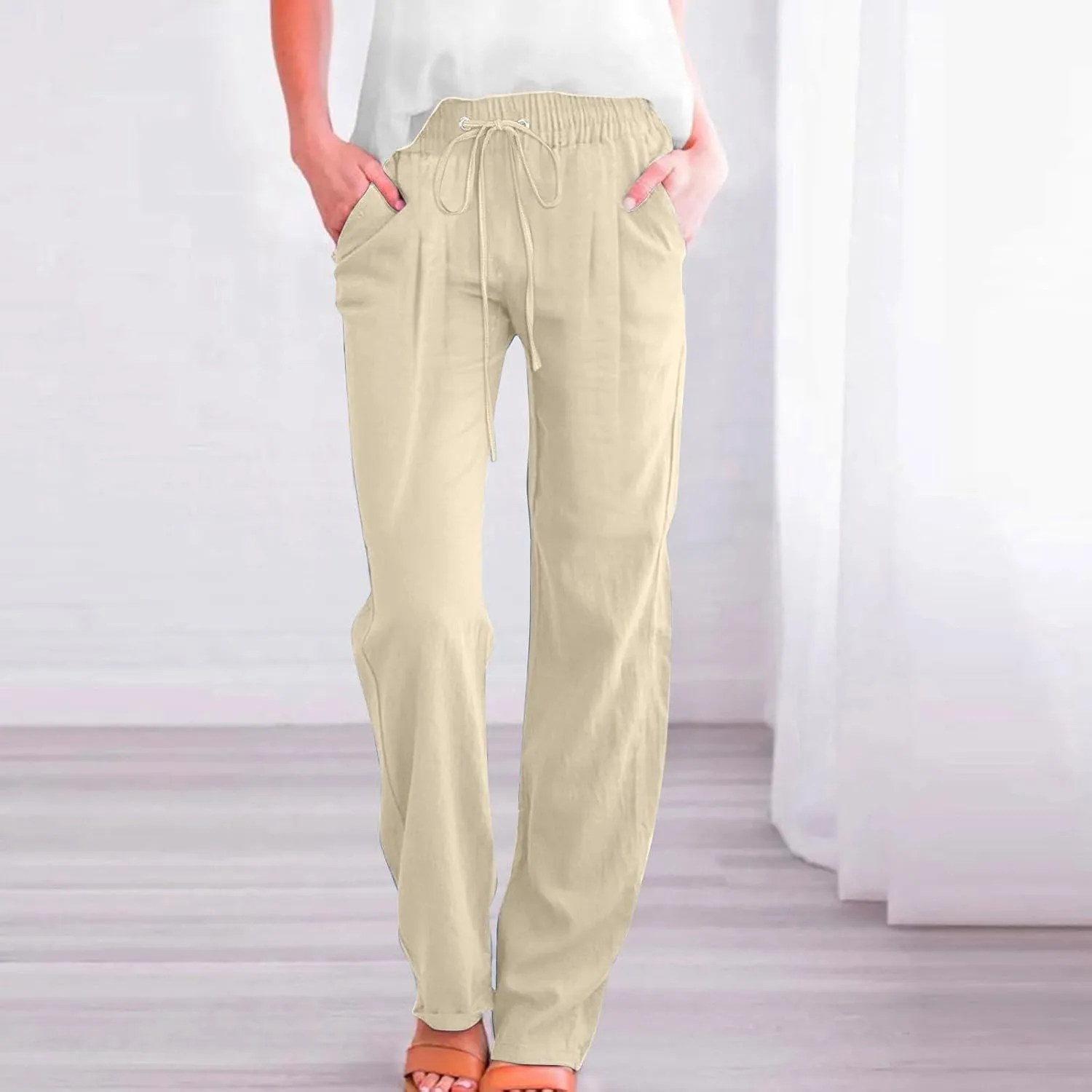 Slim Straight Leg Linen Pants for Women Summer Pants Elastic High Waist Drawstring Beach Trouser Business Work Slacks
