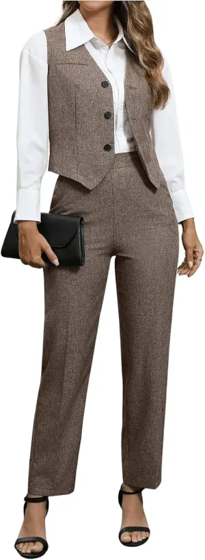 SOLY HUX Women's 2 Piece Outfits V Neck Button Down Sleeveless Blazer Vest and Pants Work Office Set
