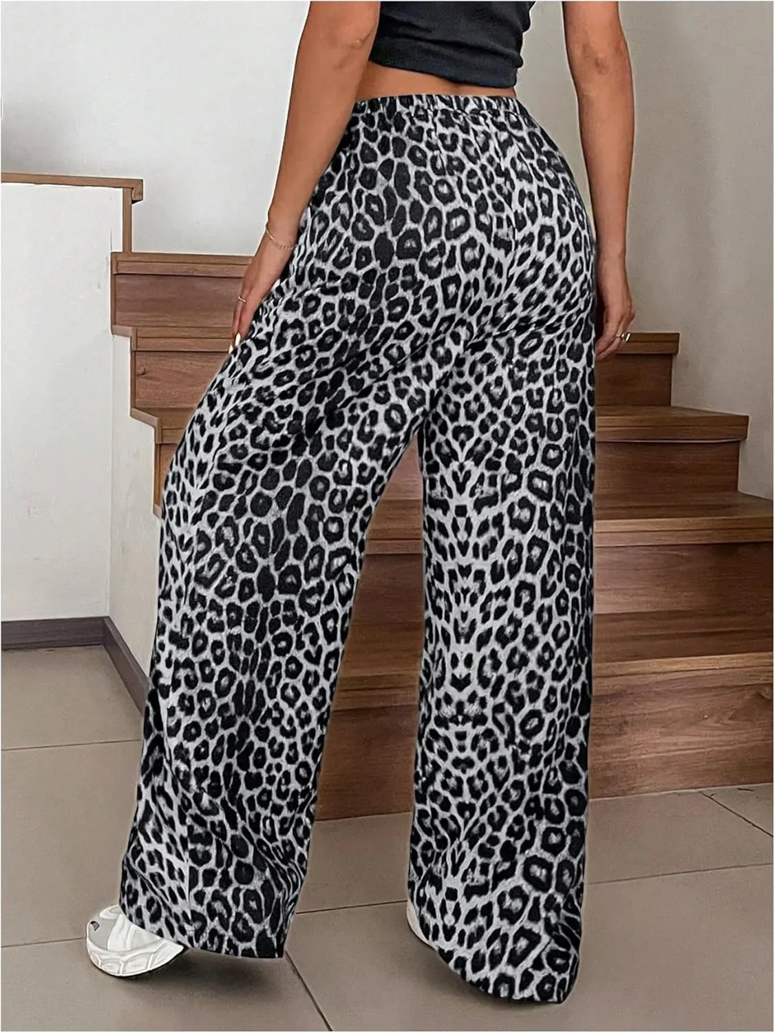 SOLY HUX Women's Leopard Pants Wide Leg Cheetah Print Drawstring Baggy Sweatpants Y2K Streetwear