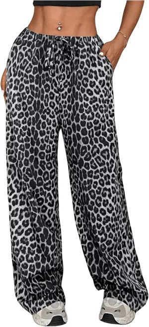 SOLY HUX Women's Leopard Pants Wide Leg Cheetah Print Drawstring Baggy Sweatpants Y2K Streetwear