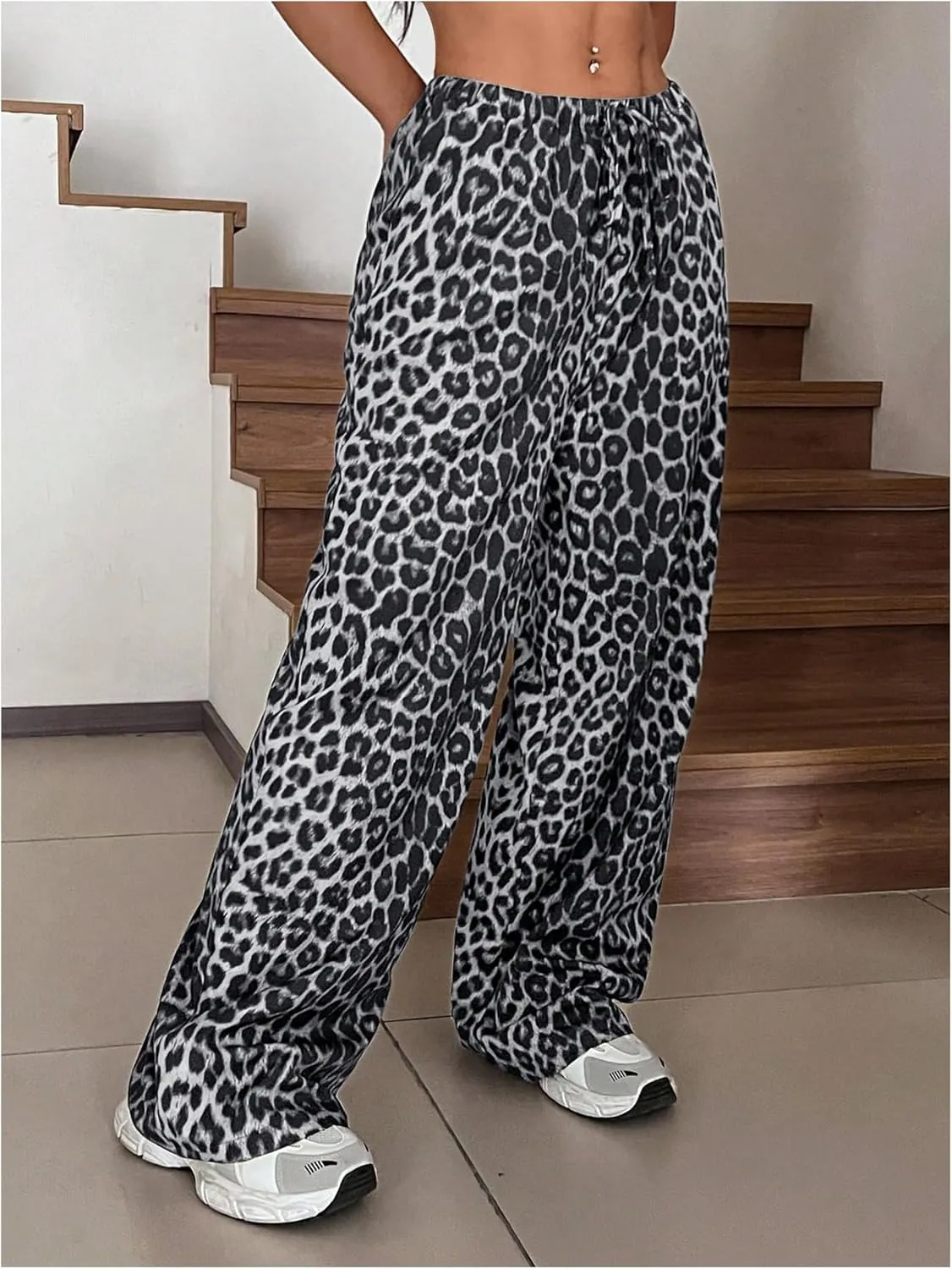 SOLY HUX Women's Leopard Pants Wide Leg Cheetah Print Drawstring Baggy Sweatpants Y2K Streetwear