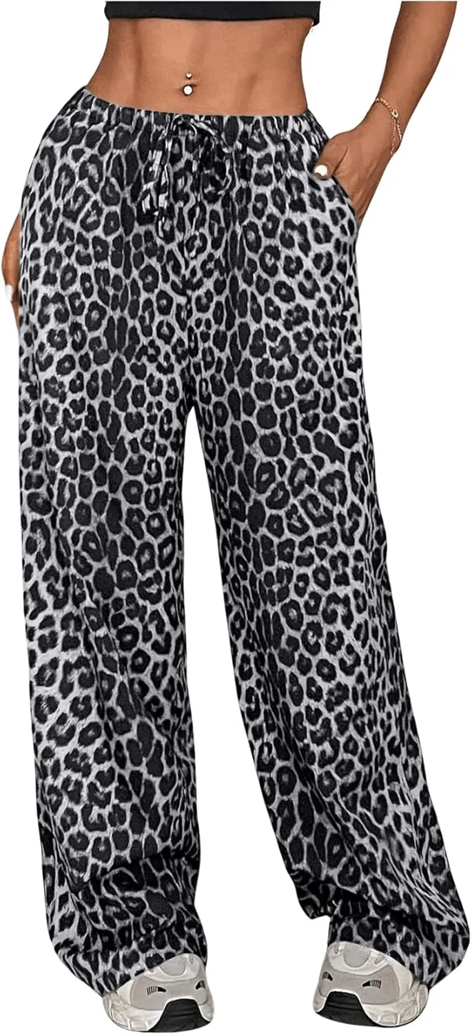 SOLY HUX Women's Leopard Pants Wide Leg Cheetah Print Drawstring Baggy Sweatpants Y2K Streetwear