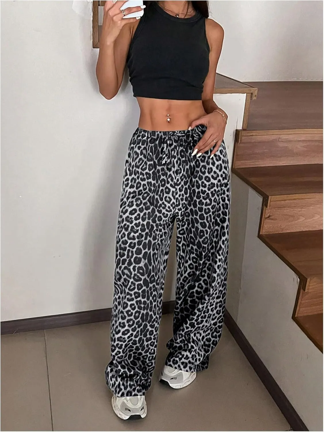 SOLY HUX Women's Leopard Pants Wide Leg Cheetah Print Drawstring Baggy Sweatpants Y2K Streetwear