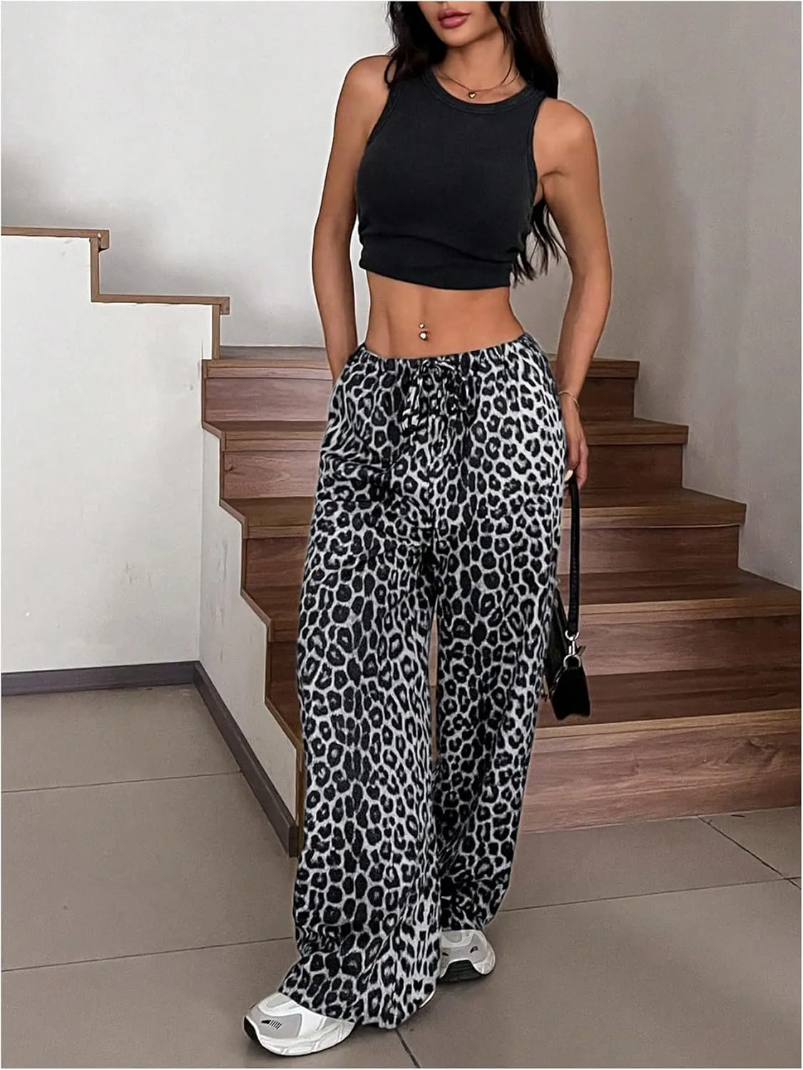 SOLY HUX Women's Leopard Pants Wide Leg Cheetah Print Drawstring Baggy Sweatpants Y2K Streetwear