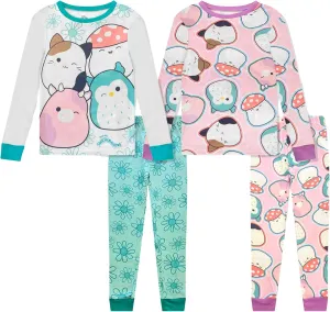 Squishmallows 4 Piece Pajama Set - Girls PJ Set with Long Sleeve Shirt & Pants - Pink Sleepwear Set - Official License