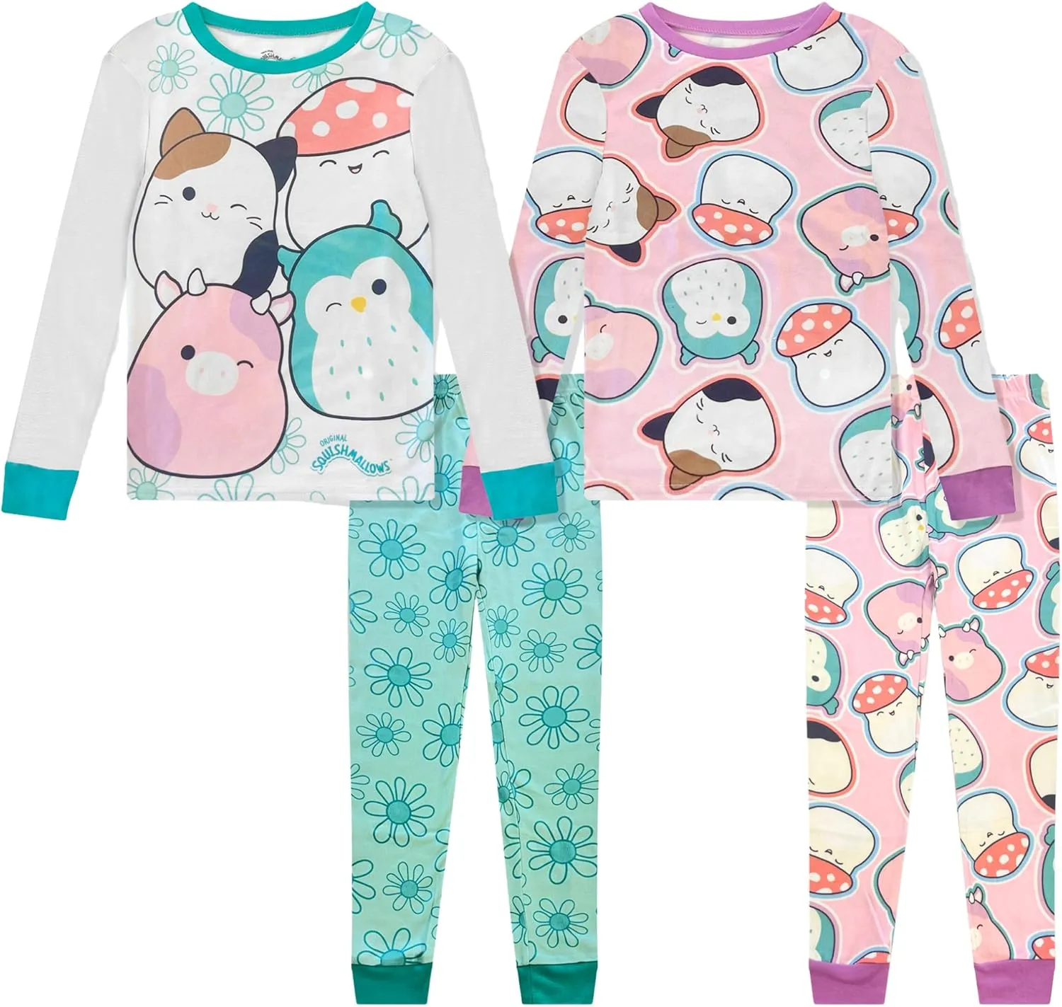Squishmallows 4 Piece Pajama Set - Girls PJ Set with Long Sleeve Shirt & Pants - Pink Sleepwear Set - Official License