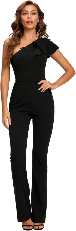 SUGAR POISON Women's Elegant Casual Sleeveless Ruffle One Shoulder High Waist Long Jumpsuit