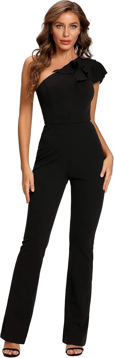 SUGAR POISON Women's Elegant Casual Sleeveless Ruffle One Shoulder High Waist Long Jumpsuit