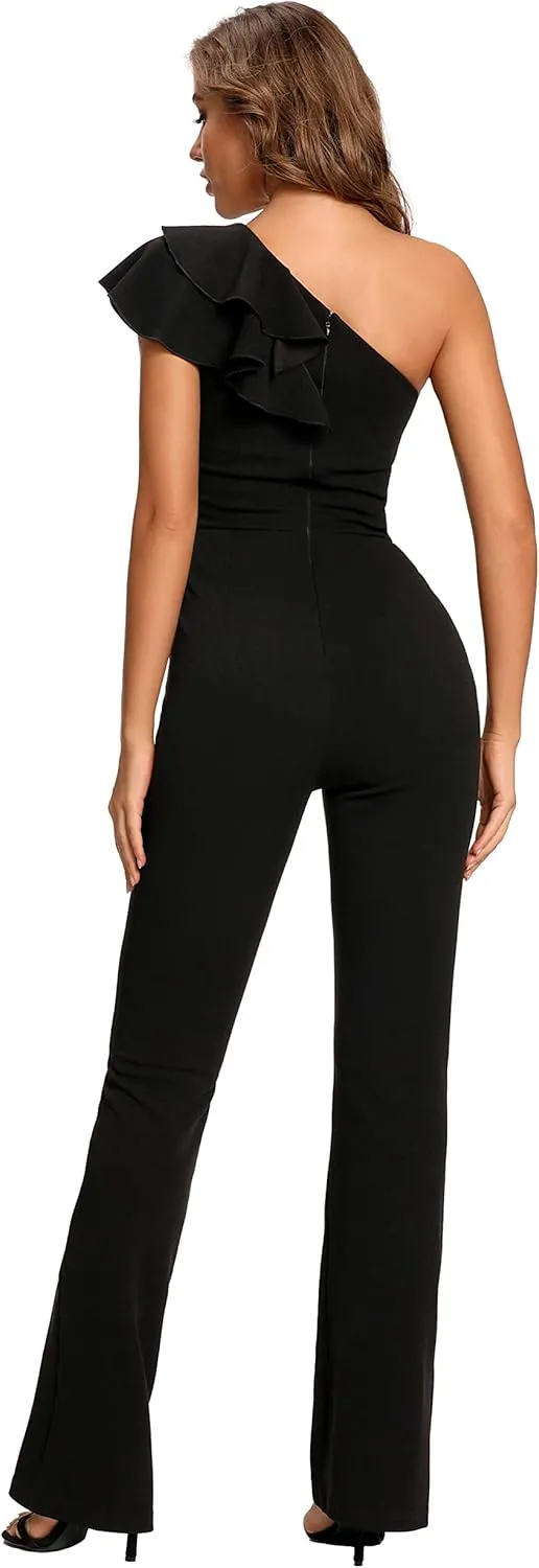 SUGAR POISON Women's Elegant Casual Sleeveless Ruffle One Shoulder High Waist Long Jumpsuit