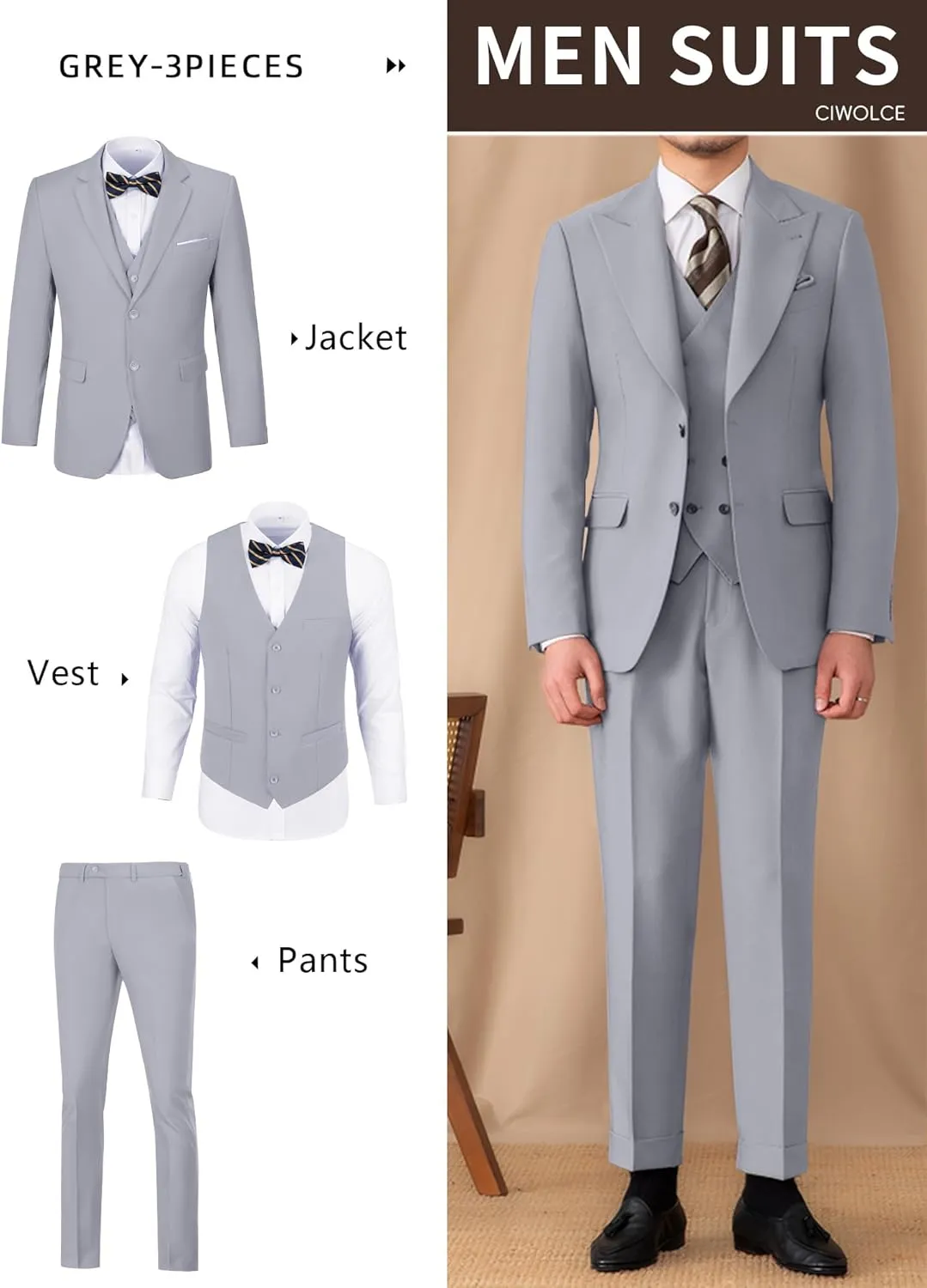 Suit for Men Wedding Slim Fit 3 Piece Set Blazer Jacket Vest Pants Tuxedo Suits for Groomsmen Business Prom Party Sport Coat