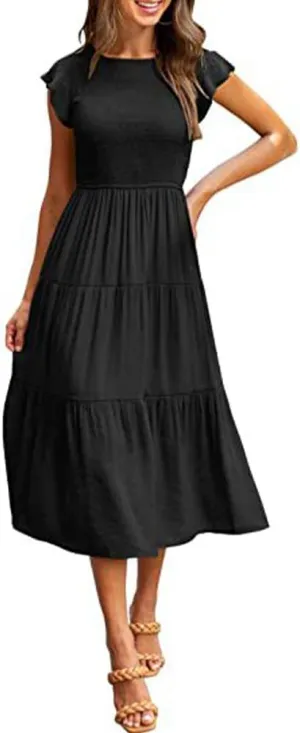 Summer Dress Flutter Short Sleeve Casual Dresses Cross Smocked Midi Swing Beach Sundress