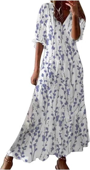 Summer Dresses for Women 2025 Half Sleeve V Neck Maxi Dress Boho Flowy Beach Vacation Sundress Casual Bohomian Dresses