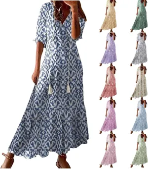 Summer Dresses for Women 2025 Half Sleeve V Neck Maxi Dress Boho Flowy Beach Vacation Sundress Casual Bohomian Dresses