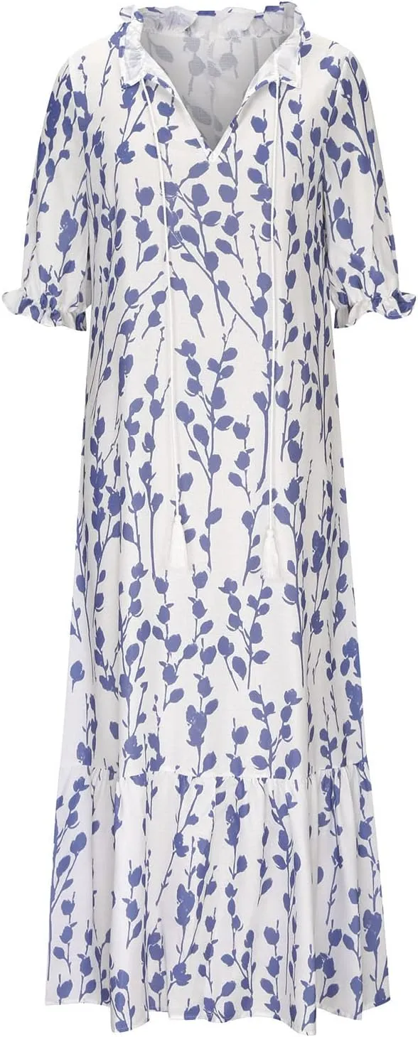 Summer Dresses for Women 2025 Half Sleeve V Neck Maxi Dress Boho Flowy Beach Vacation Sundress Casual Bohomian Dresses