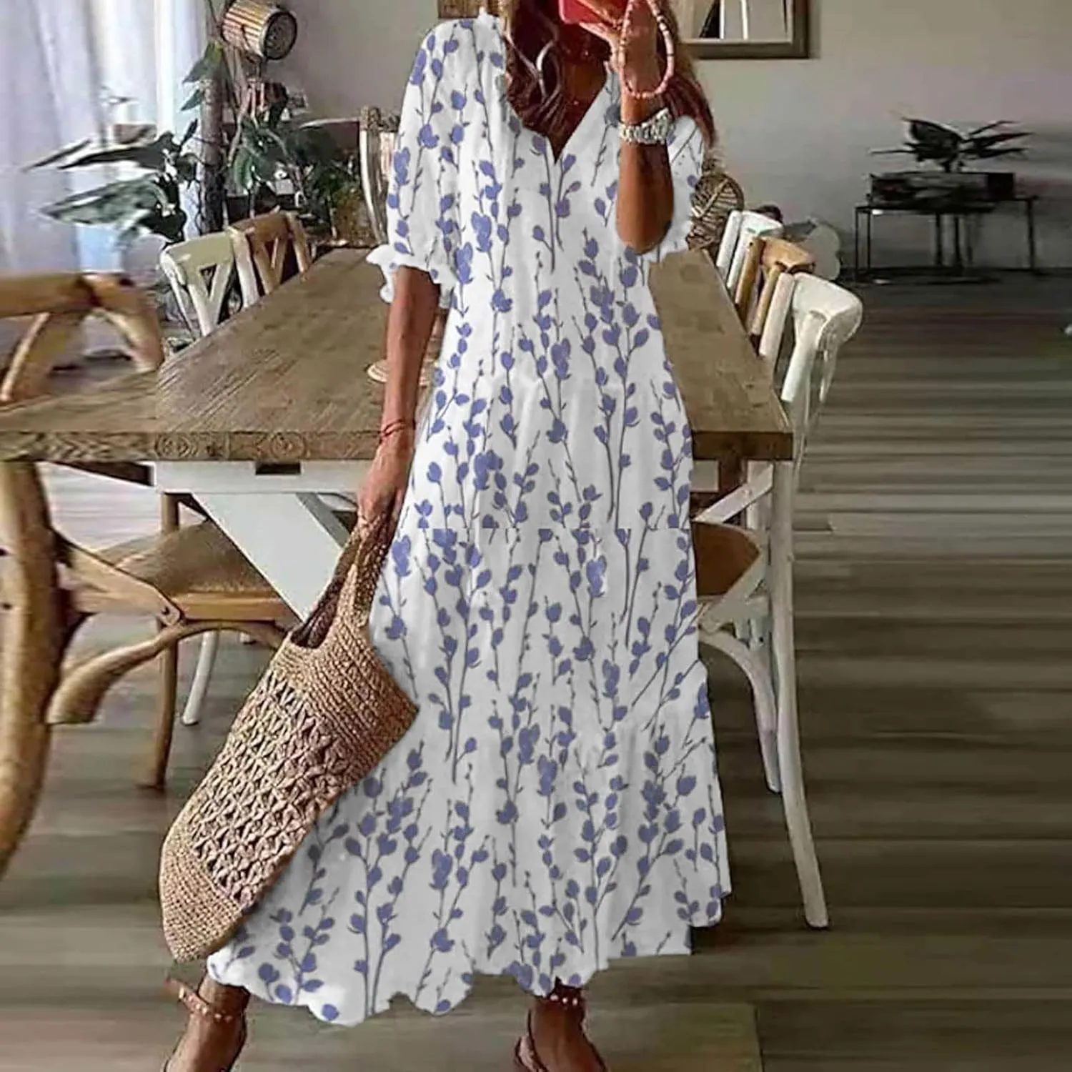 Summer Dresses for Women 2025 Half Sleeve V Neck Maxi Dress Boho Flowy Beach Vacation Sundress Casual Bohomian Dresses