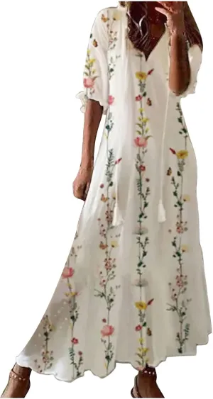 Summer Dresses for Women 2025 Half Sleeve V Neck Maxi Dress Boho Flowy Beach Vacation Sundress Casual Bohomian Dresses