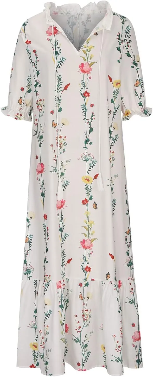Summer Dresses for Women 2025 Half Sleeve V Neck Maxi Dress Boho Flowy Beach Vacation Sundress Casual Bohomian Dresses