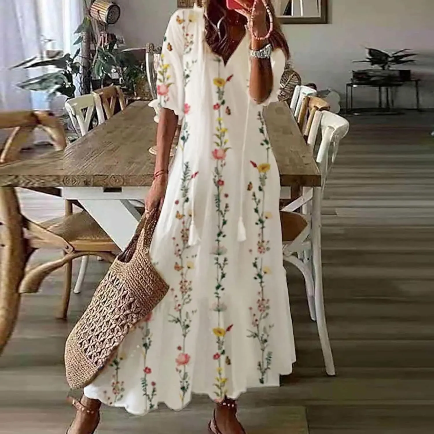 Summer Dresses for Women 2025 Half Sleeve V Neck Maxi Dress Boho Flowy Beach Vacation Sundress Casual Bohomian Dresses