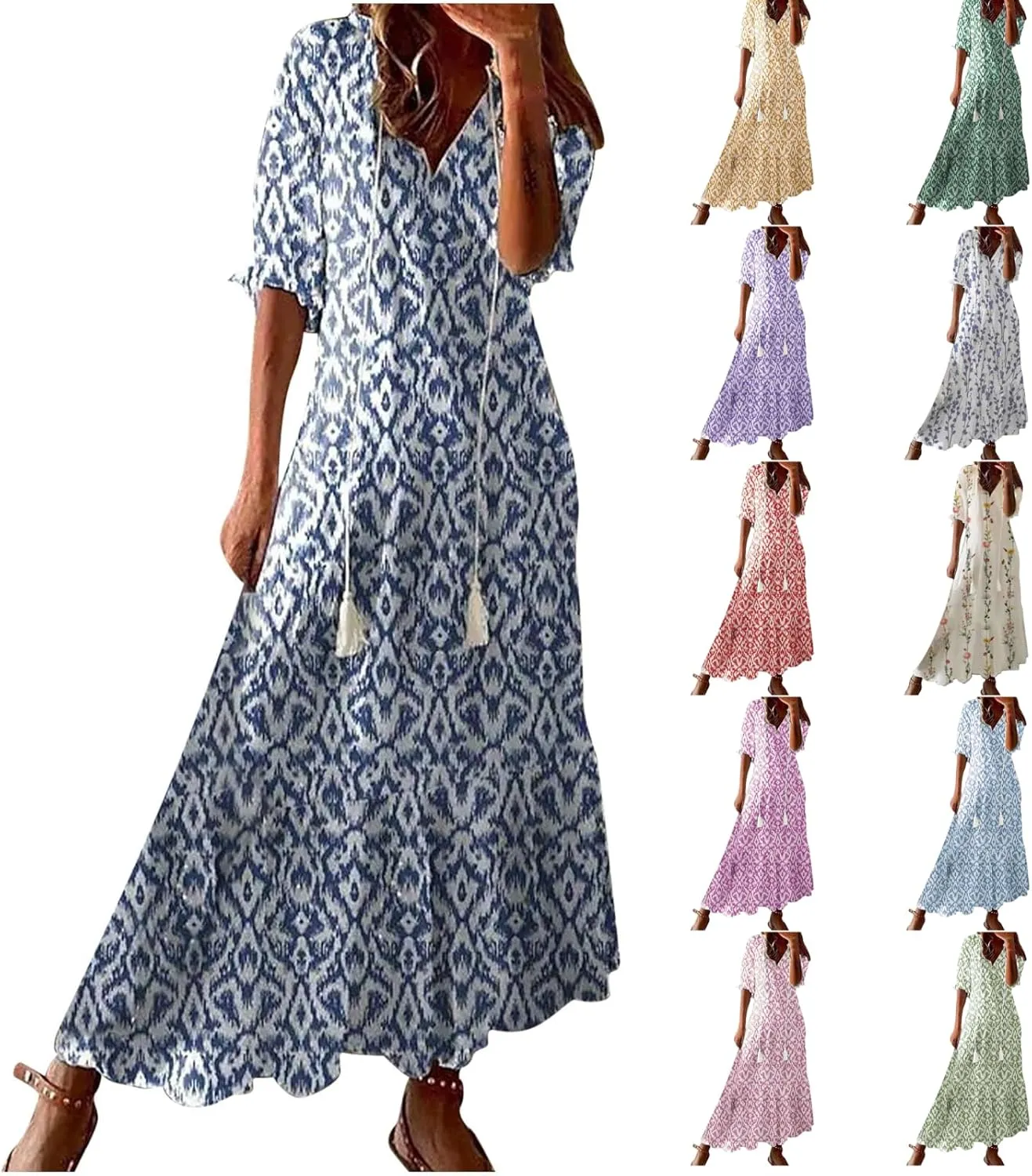 Summer Dresses for Women 2025 Half Sleeve V Neck Maxi Dress Boho Flowy Beach Vacation Sundress Casual Bohomian Dresses