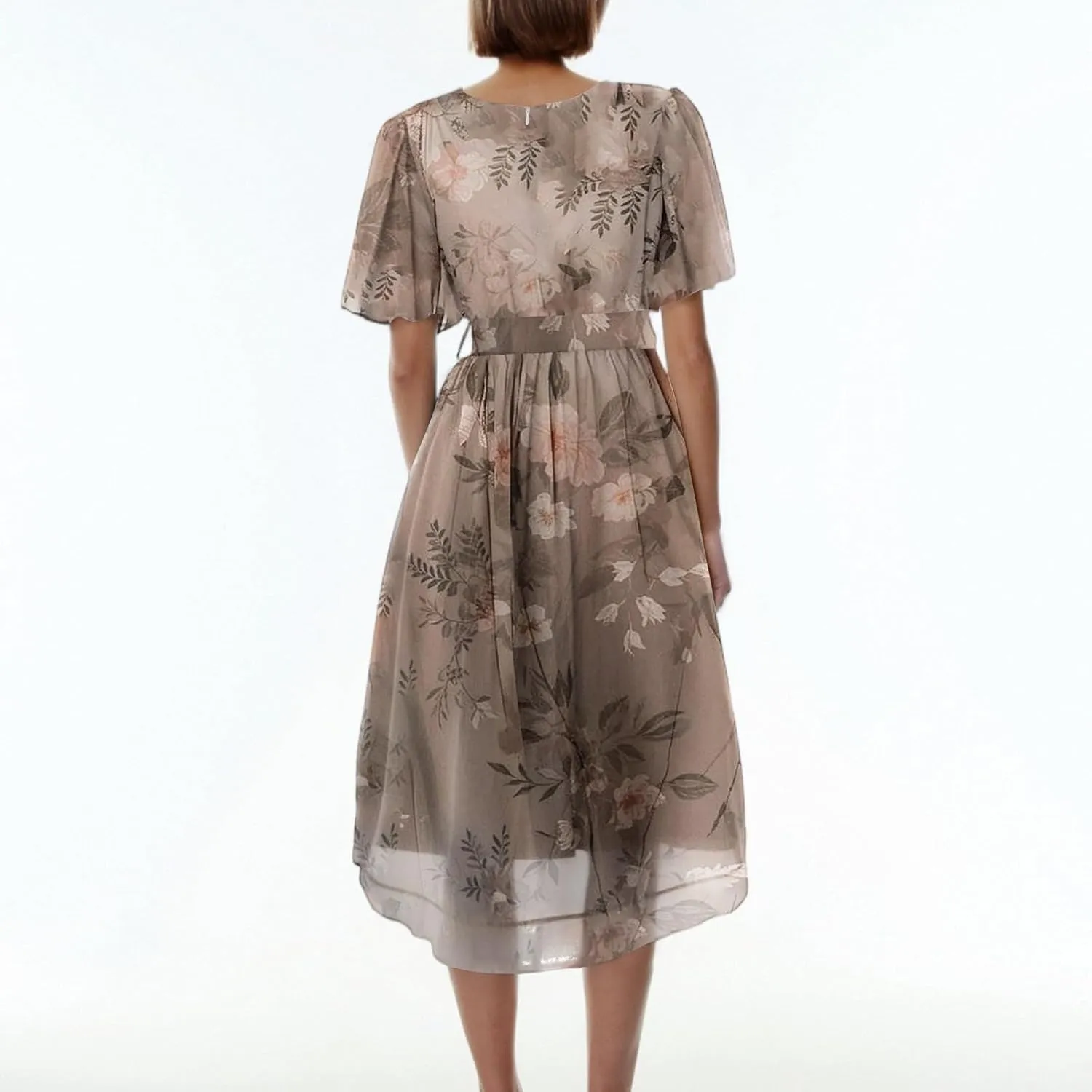 Summer Dresses for Women 2025 Trendy Floral Ruffle Sleeve Midi Dress Elegant V Neck Wrap Tie Waist Overlay Mesh Sundresses