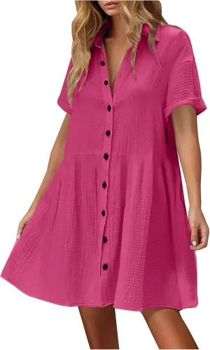 Summer Dresses for Women 2025 Trendy Linen Cotton Short Sleeve Sundressses Button Down Wedding Guest Mini Outfits