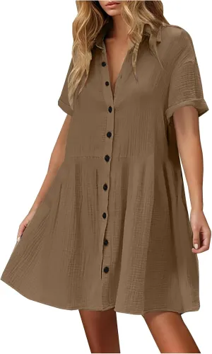 Summer Dresses for Women 2025 Trendy Linen Cotton Short Sleeve Sundressses Button Down Wedding Guest Mini Outfits