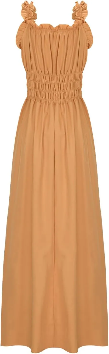 Summer Dresses for Women 2025 Trendy Sleeveless Beach Long Flowy Dresses Smocked Ruffle Maxi Sundress