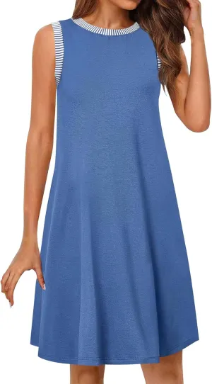 Summer Dresses for Women Casual Crewneck Sleeveless Tank Dress Beach Loose Fit Coverup Mini Sundress Vacation