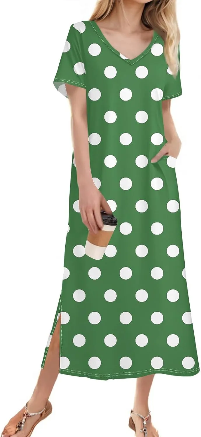 Summer Dresses for Women Casual Split Long Dress Loose T Shirt Dress Floral Print Short Sleeve Beach Dress with Pockets