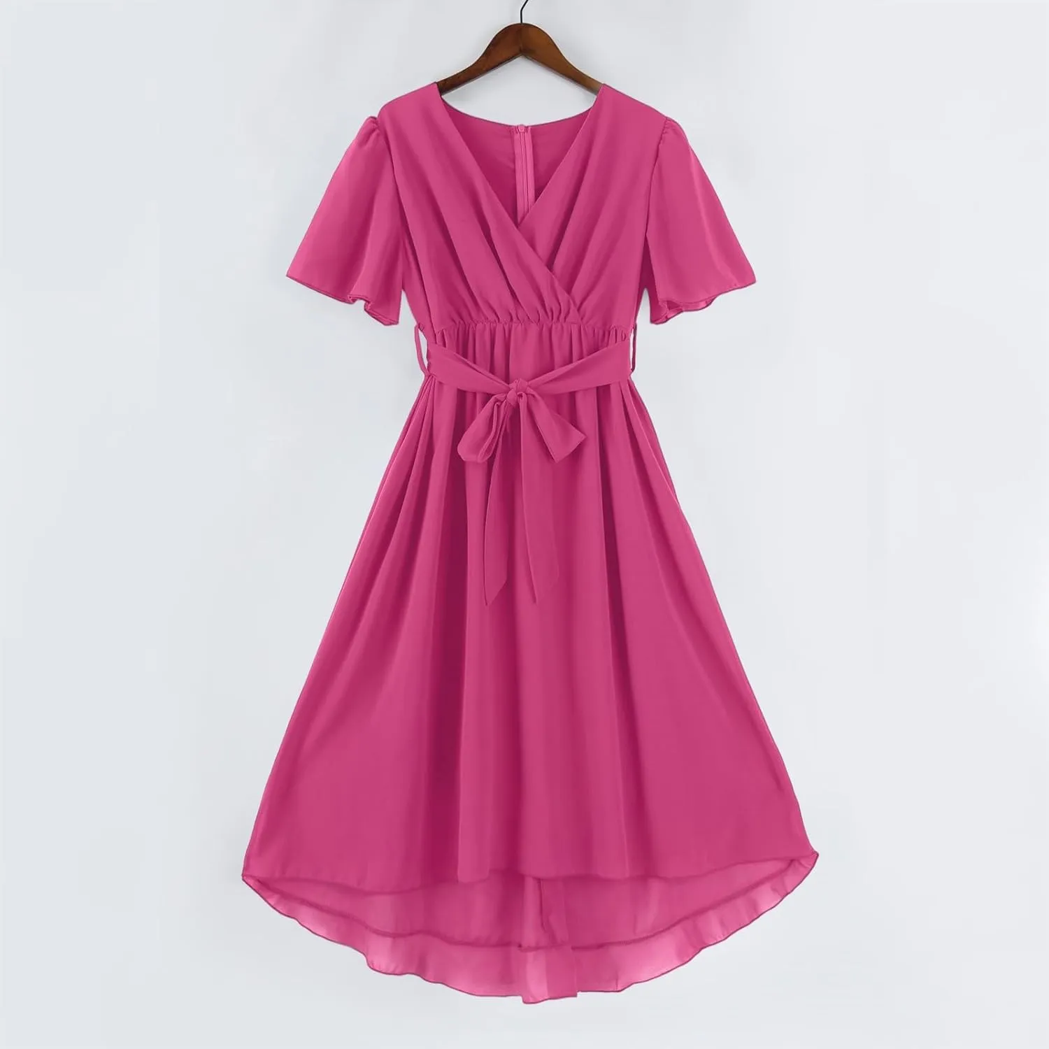 Summer Floral Chiffon Dresses for Women 2025 Midi Trendy Short Sleeve V Neck Tie Elastic Waist Flowy Swing A Line Dress
