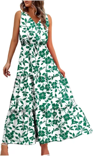 Summer Floral Dresses for Women Casual Flowy Dress Sleeveless V Neck Maxi Dress Trendy Boho Summer Beach Sun Dress