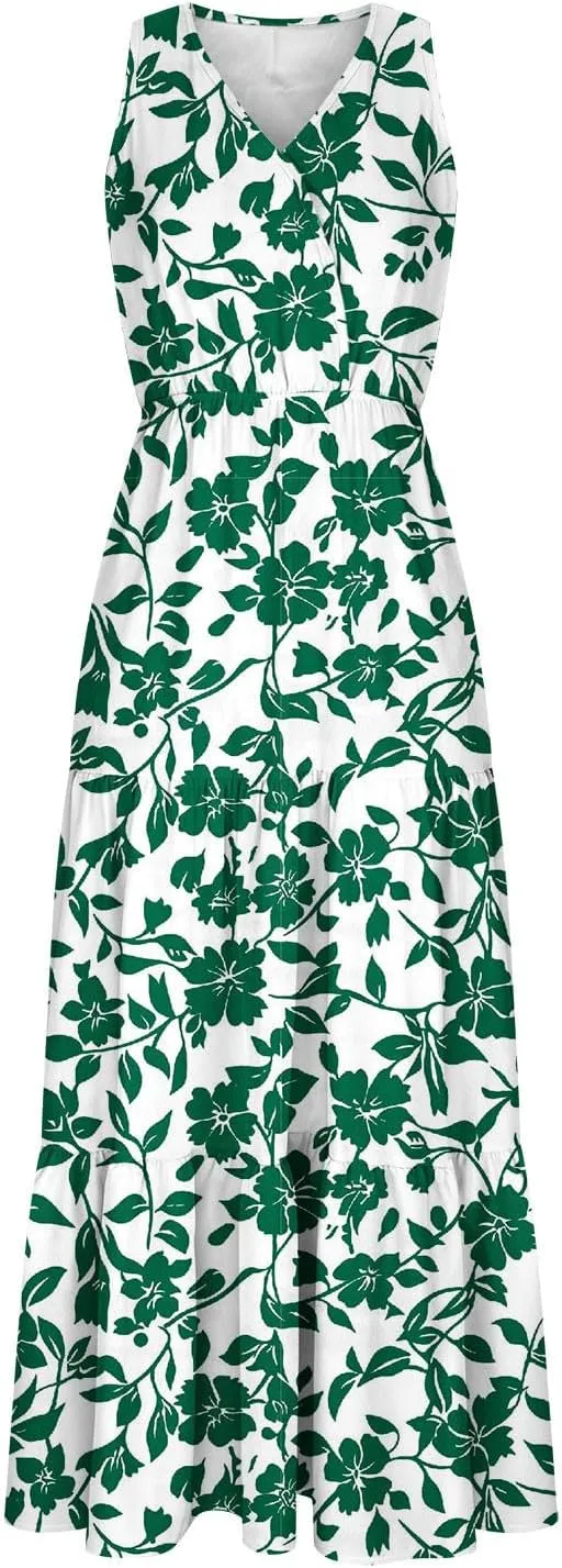 Summer Floral Dresses for Women Casual Flowy Dress Sleeveless V Neck Maxi Dress Trendy Boho Summer Beach Sun Dress