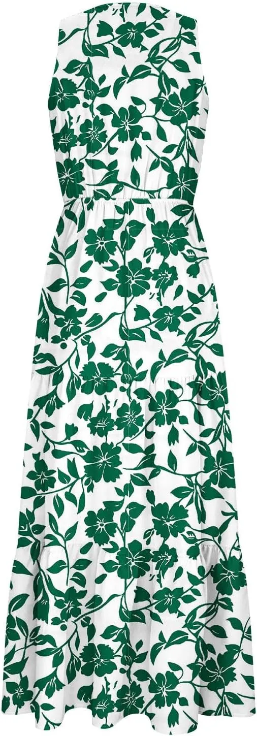 Summer Floral Dresses for Women Casual Flowy Dress Sleeveless V Neck Maxi Dress Trendy Boho Summer Beach Sun Dress