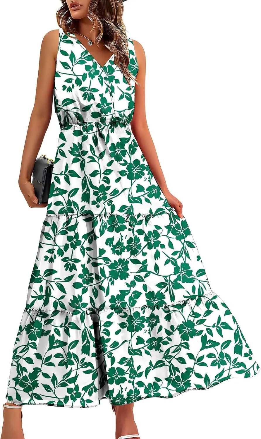 Summer Floral Dresses for Women Casual Flowy Dress Sleeveless V Neck Maxi Dress Trendy Boho Summer Beach Sun Dress