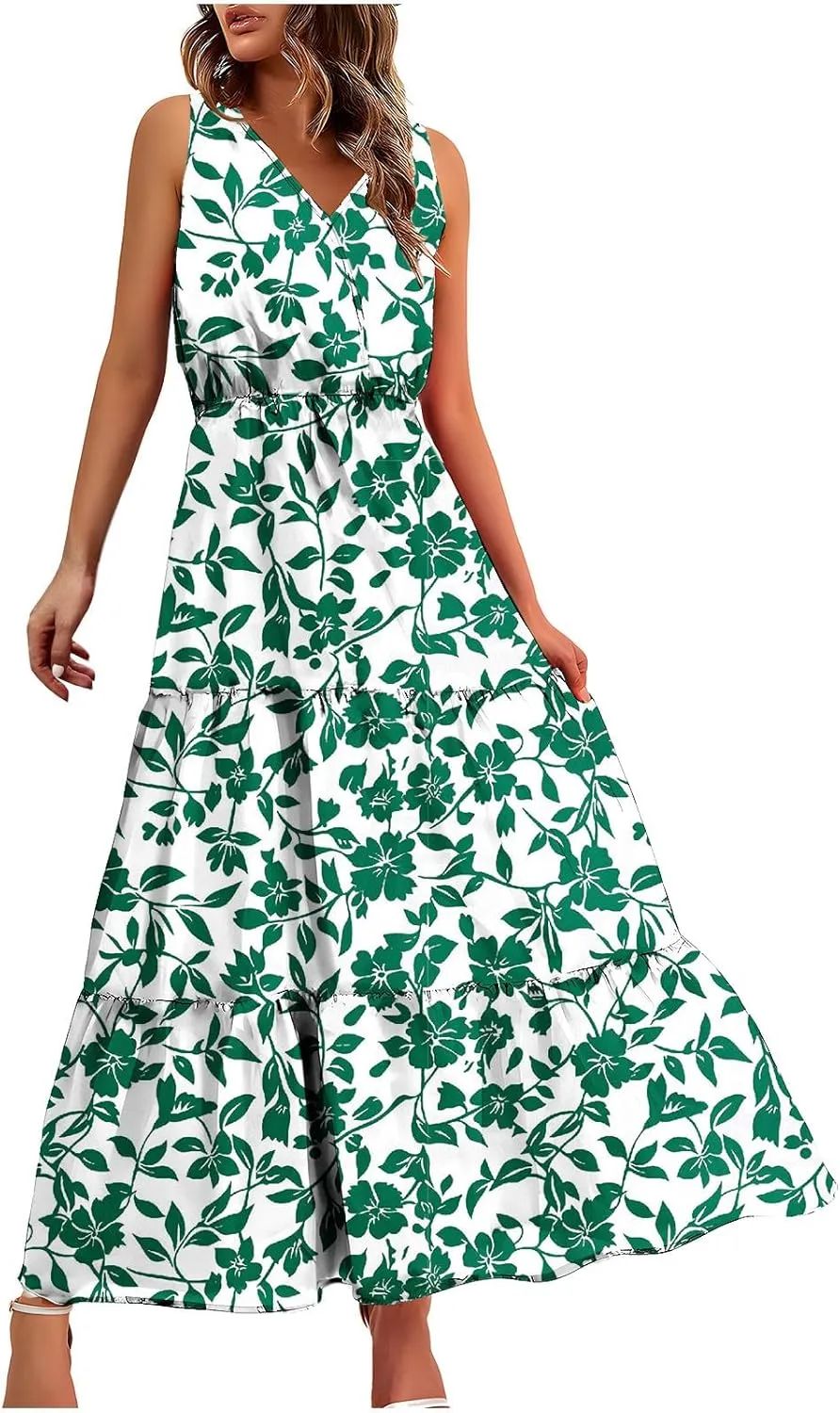 Summer Floral Dresses for Women Casual Flowy Dress Sleeveless V Neck Maxi Dress Trendy Boho Summer Beach Sun Dress