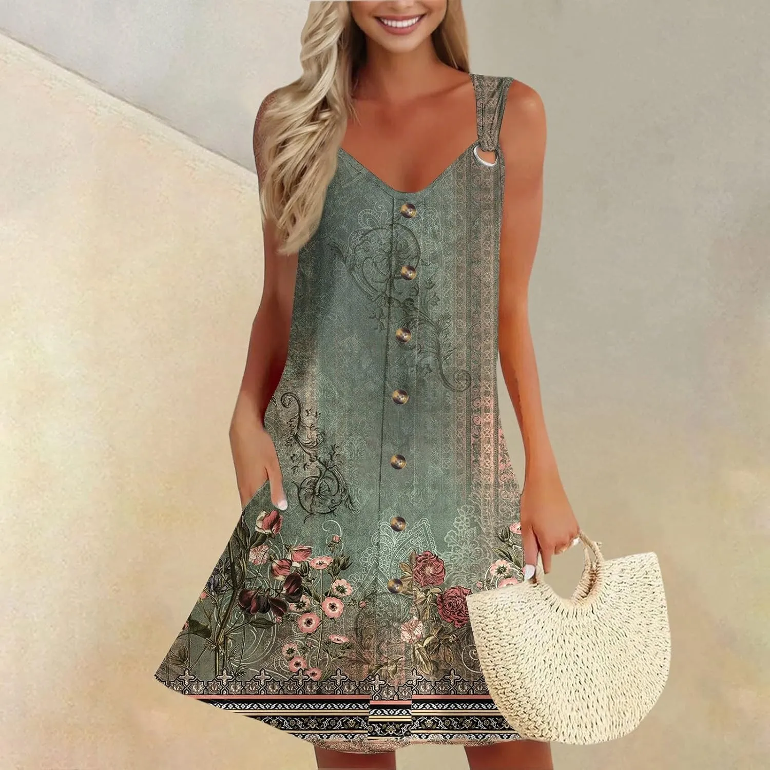 Sun Dresses for Women 2025 Summer Solid/Floral Button Down Sleeveless Midi Dress Loose Vacation Beach Swimsuit Coverups