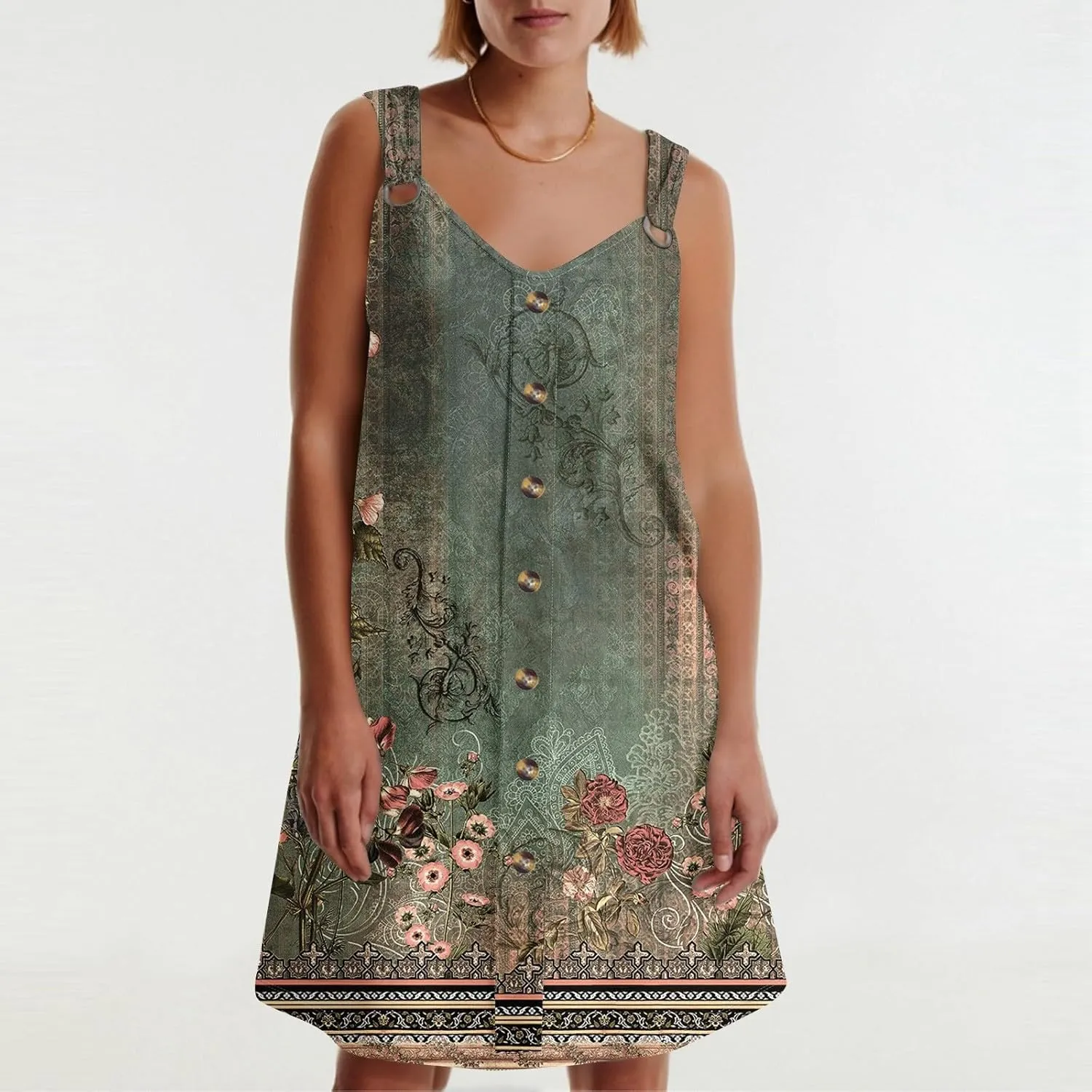 Sun Dresses for Women 2025 Summer Solid/Floral Button Down Sleeveless Midi Dress Loose Vacation Beach Swimsuit Coverups