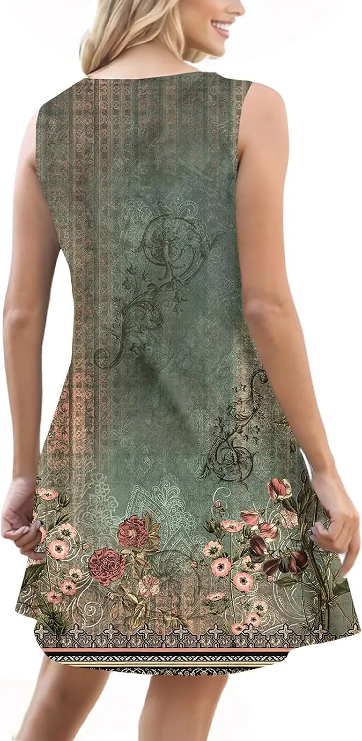 Sun Dresses for Women 2025 Summer Solid/Floral Button Down Sleeveless Midi Dress Loose Vacation Beach Swimsuit Coverups
