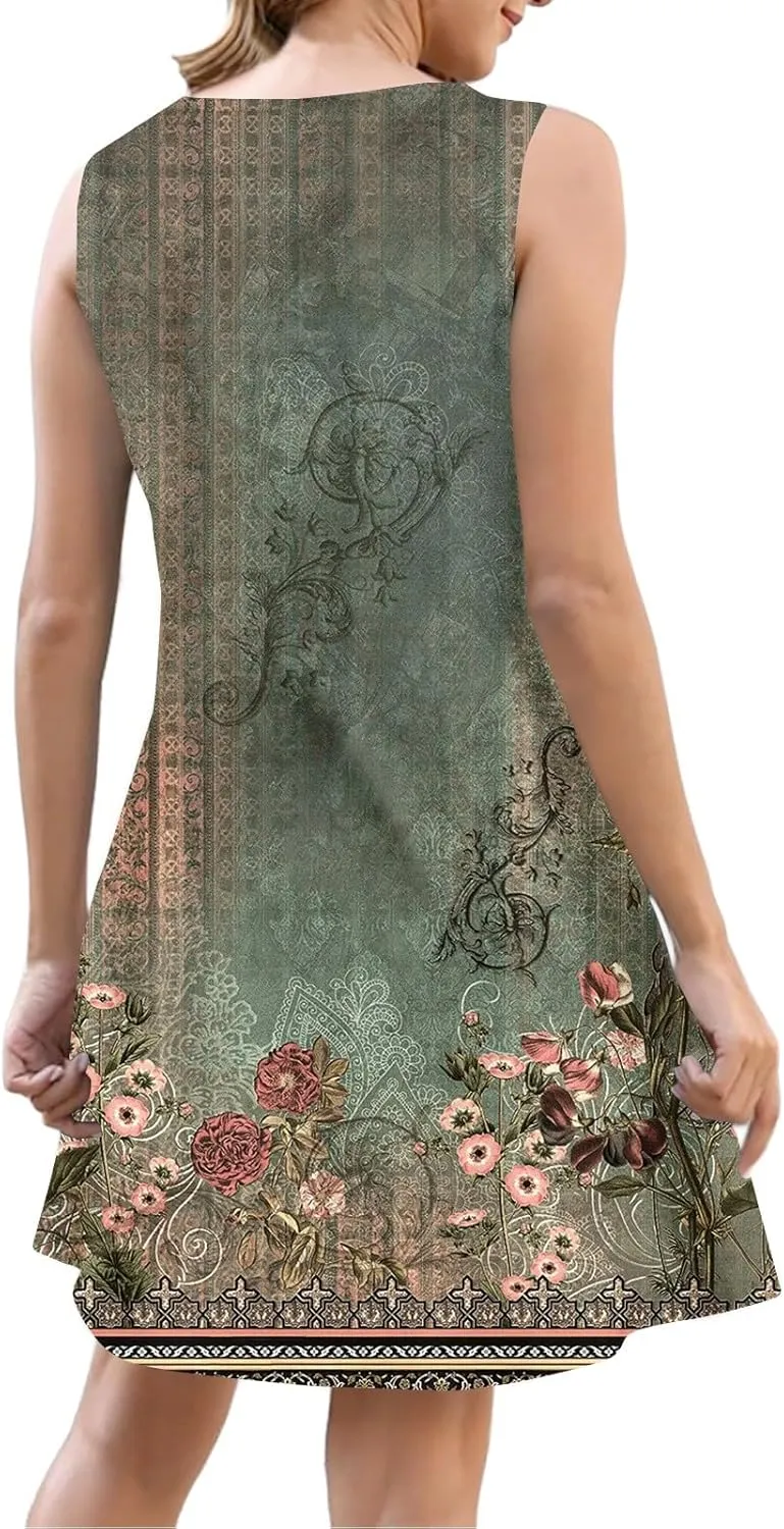 Sun Dresses for Women 2025 Summer Solid/Floral Button Down Sleeveless Midi Dress Loose Vacation Beach Swimsuit Coverups