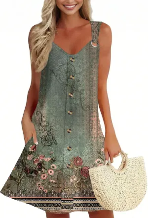 Sun Dresses for Women 2025 Summer Solid/Floral Button Down Sleeveless Midi Dress Loose Vacation Beach Swimsuit Coverups