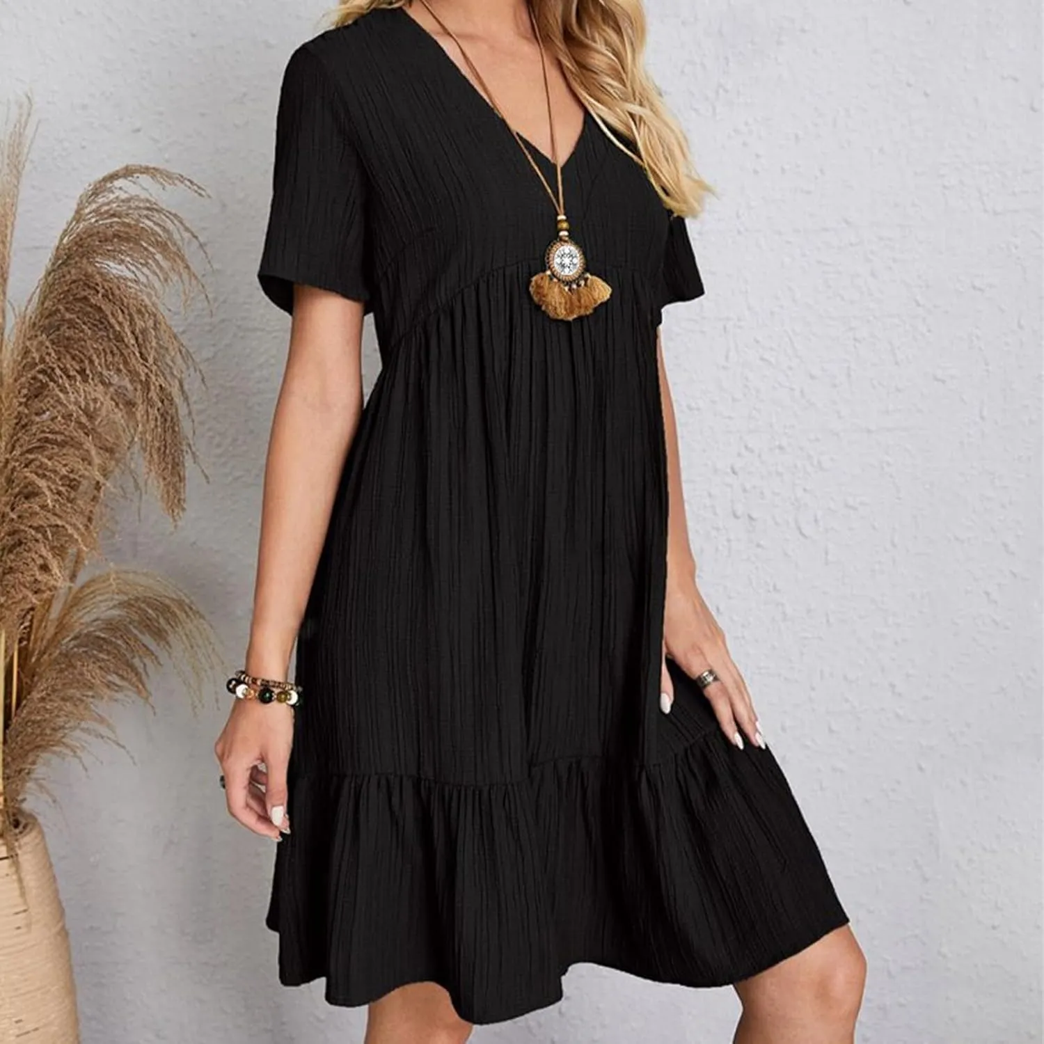 Sun Dresses for Women 2025 Vacation Summer Casual Short Sleeve V Neck Flowy Swing Dress Pleated Ruffle Beach Sundress