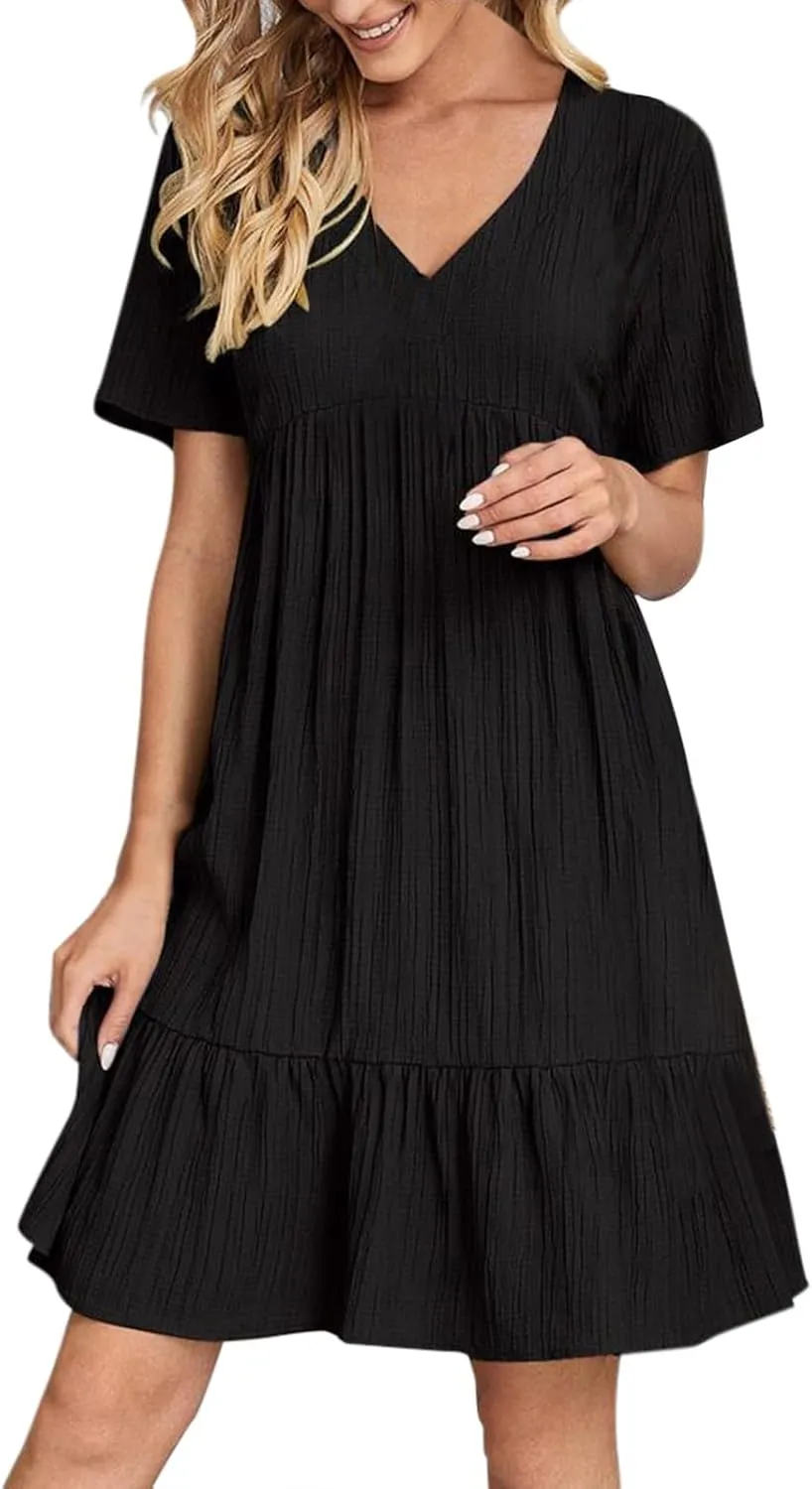 Sun Dresses for Women 2025 Vacation Summer Casual Short Sleeve V Neck Flowy Swing Dress Pleated Ruffle Beach Sundress