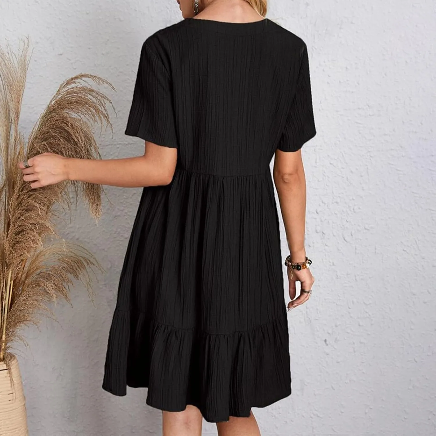 Sun Dresses for Women 2025 Vacation Summer Casual Short Sleeve V Neck Flowy Swing Dress Pleated Ruffle Beach Sundress
