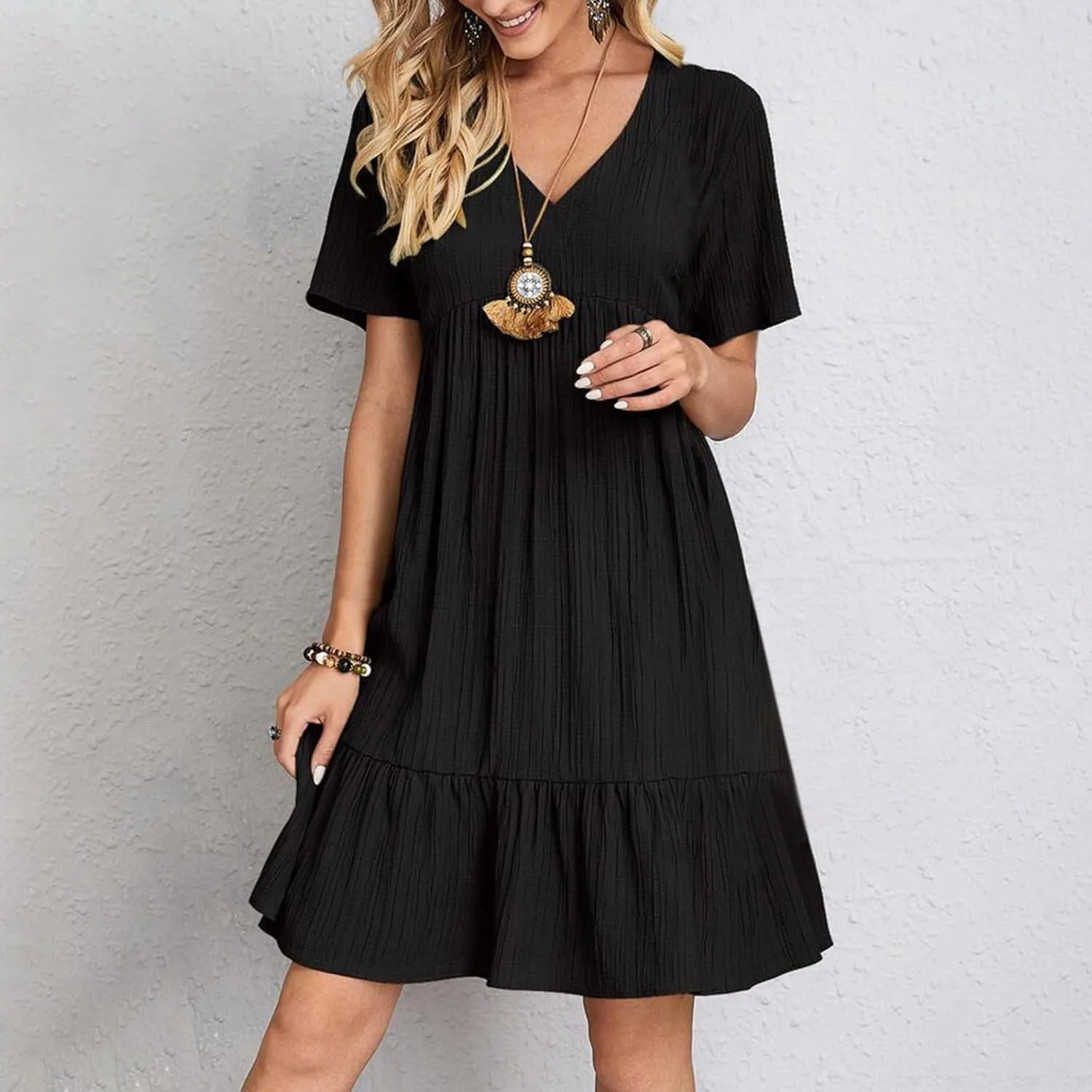Sun Dresses for Women 2025 Vacation Summer Casual Short Sleeve V Neck Flowy Swing Dress Pleated Ruffle Beach Sundress