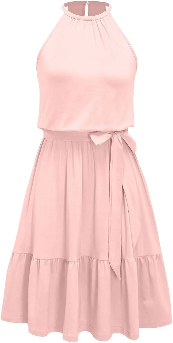 Sundresses for Women,2025 Spring Summer Elegant Sleeveless Halter Mini Beach Dress,Flowy Ruched Swing Vacation Dress