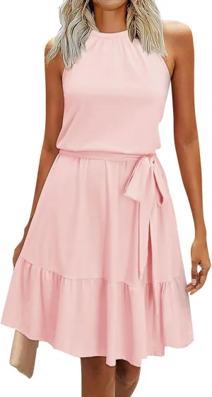 Sundresses for Women,2025 Spring Summer Elegant Sleeveless Halter Mini Beach Dress,Flowy Ruched Swing Vacation Dress
