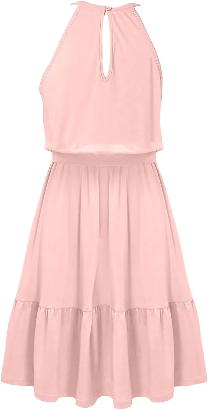 Sundresses for Women,2025 Spring Summer Elegant Sleeveless Halter Mini Beach Dress,Flowy Ruched Swing Vacation Dress