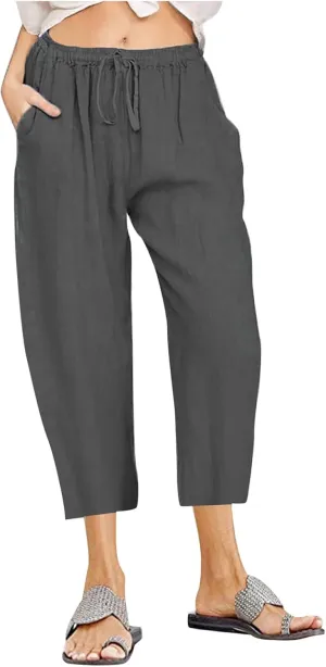 TANGNADE Ladies Capri Pants with Pockets Summer Cotton Linen Pant Loose Comfy Elastic Waist Wide Leg Crop Trouser