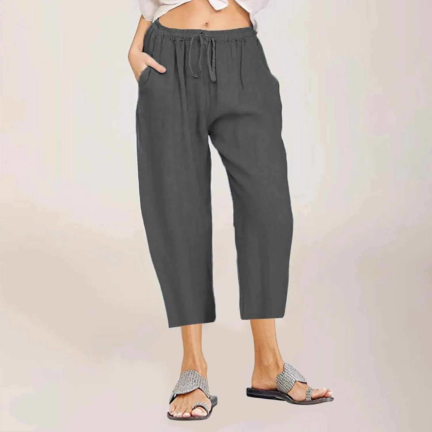 TANGNADE Ladies Capri Pants with Pockets Summer Cotton Linen Pant Loose Comfy Elastic Waist Wide Leg Crop Trouser